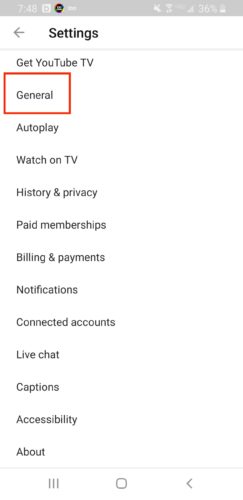 YouTube Settings Section
